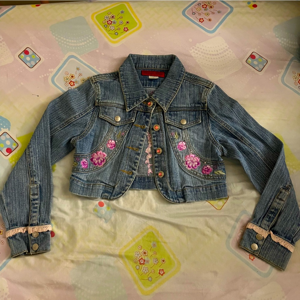 Let Me B Pink Embroidered Rhinestone Crop Denim Jean Jacket, Kids Size 10